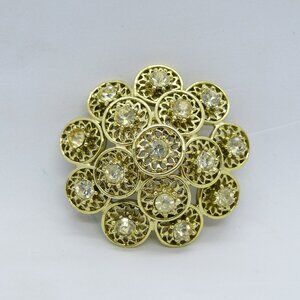 Vintage Gold Tone Floral Design With White Round Rhinestones